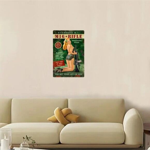 Tin Metal Sign • Marine Corp • Army • Pinup Girl Holding M16 Rifle •World War II - Picture 4 of 10